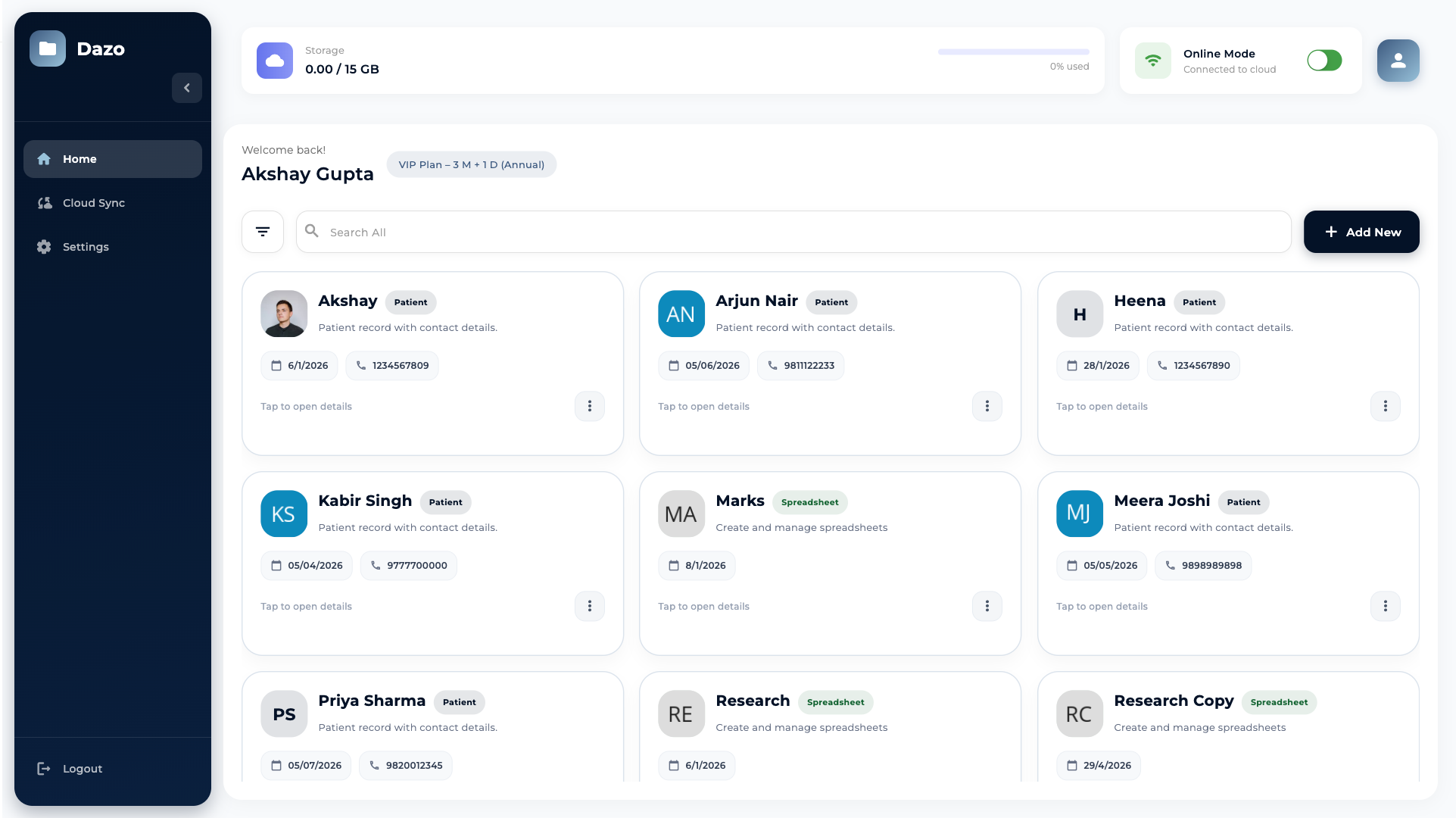 Dazo desktop dashboard with patient and research cards